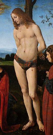 St. Sebastian, detail from a Madona with Child, St. Sebastian, St. John the Baptist and two donors, Giovanni Antonio Boltraffio